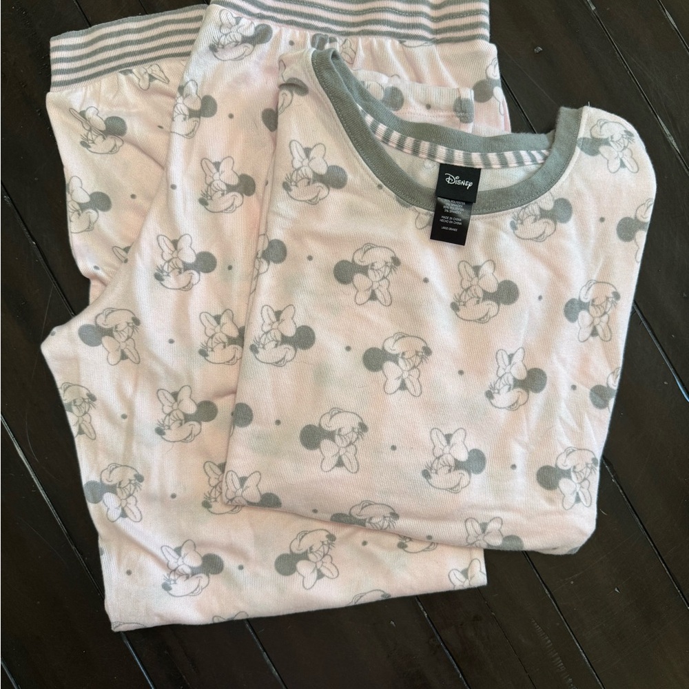 Disney Minnie Mouse Pajama Set | Pink Gray Long Sleeve Top & Pants Size Large